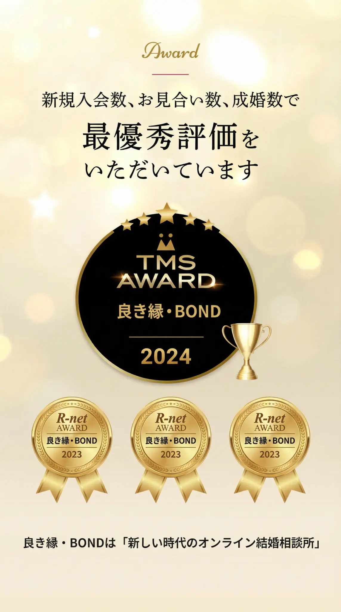 新規入会数、お見合い数、成婚数で最優秀評価をいただいています